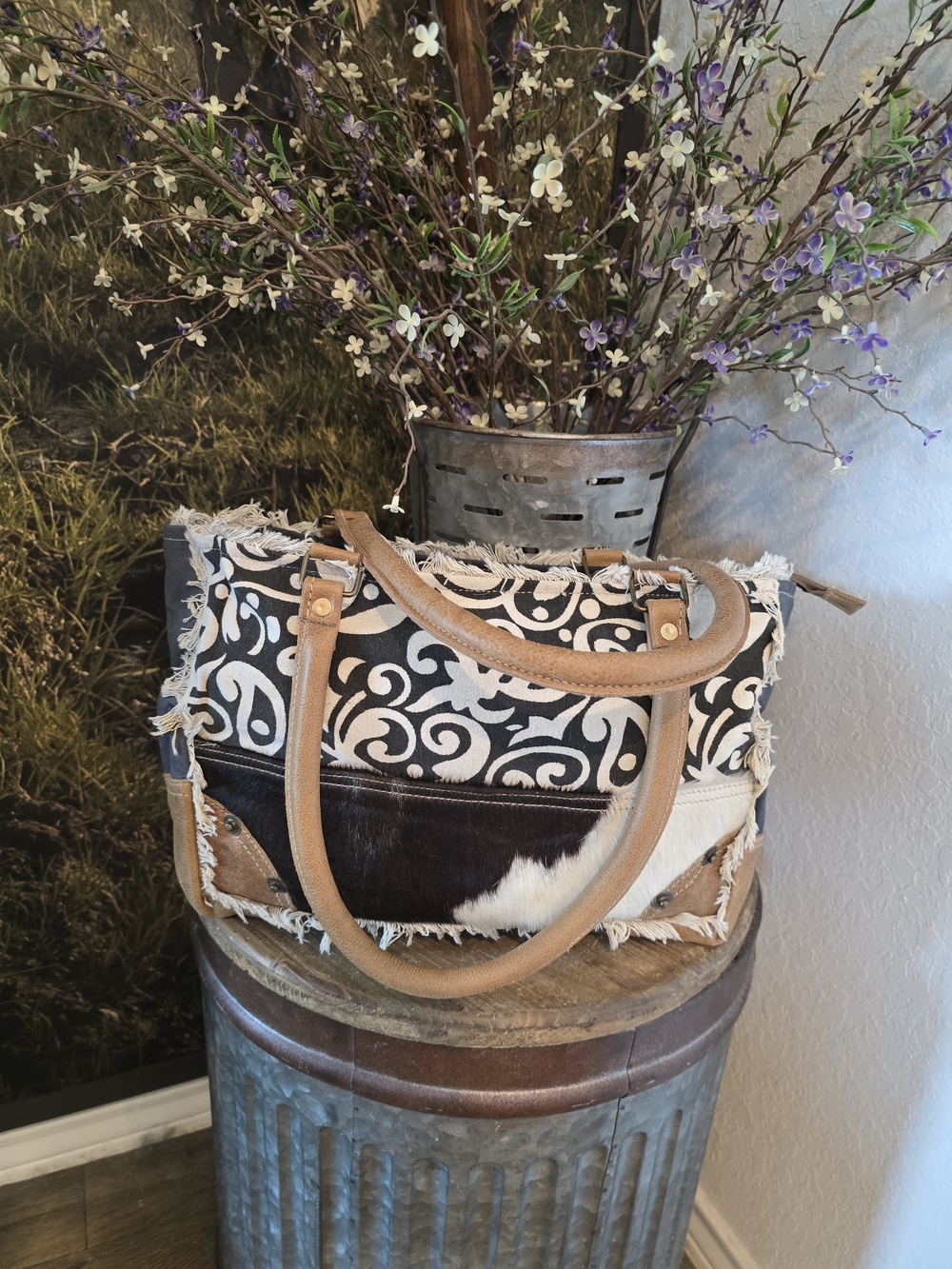 Handcrafted Black & White Patterned Tote with Tan Leather Accents